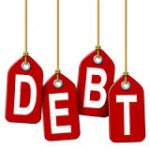 debt written on red tag labels. 