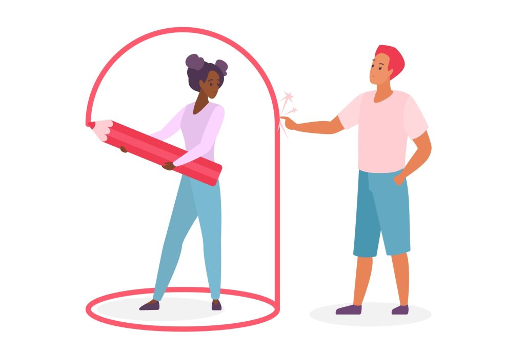 Woman draws boundary line with a marker.