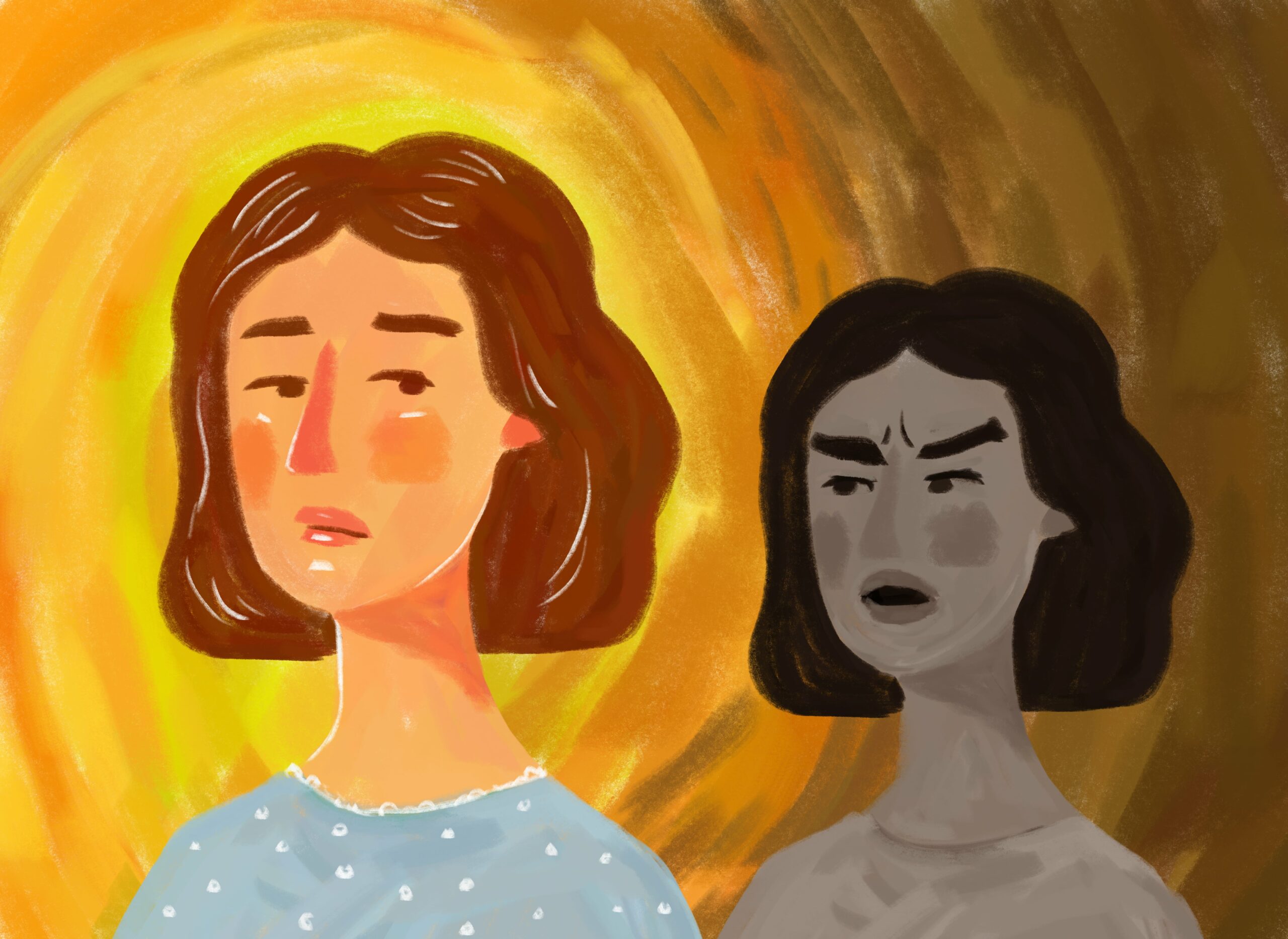 drawing of a frustrated woman with an angry shadow 