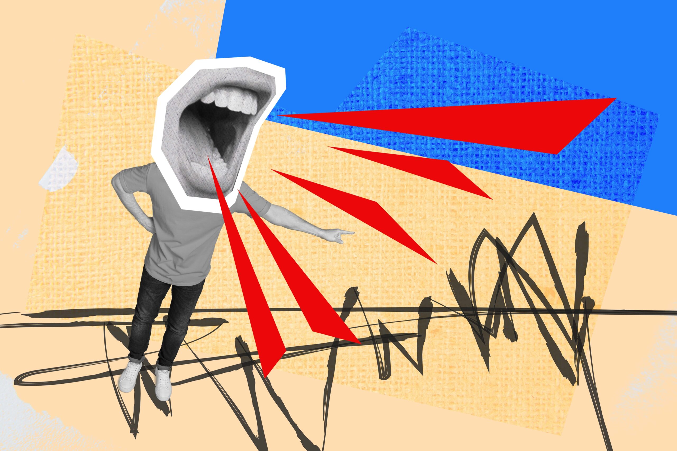 Magazine cutout collage of angry person screaming with large mouth