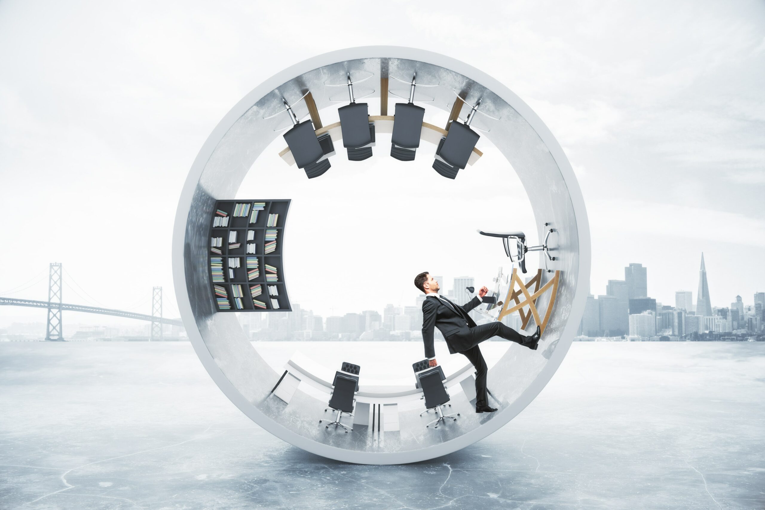 unning businessman inside concrete cylinder on