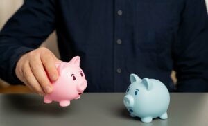 Blue and pink piggy banks facing eachother