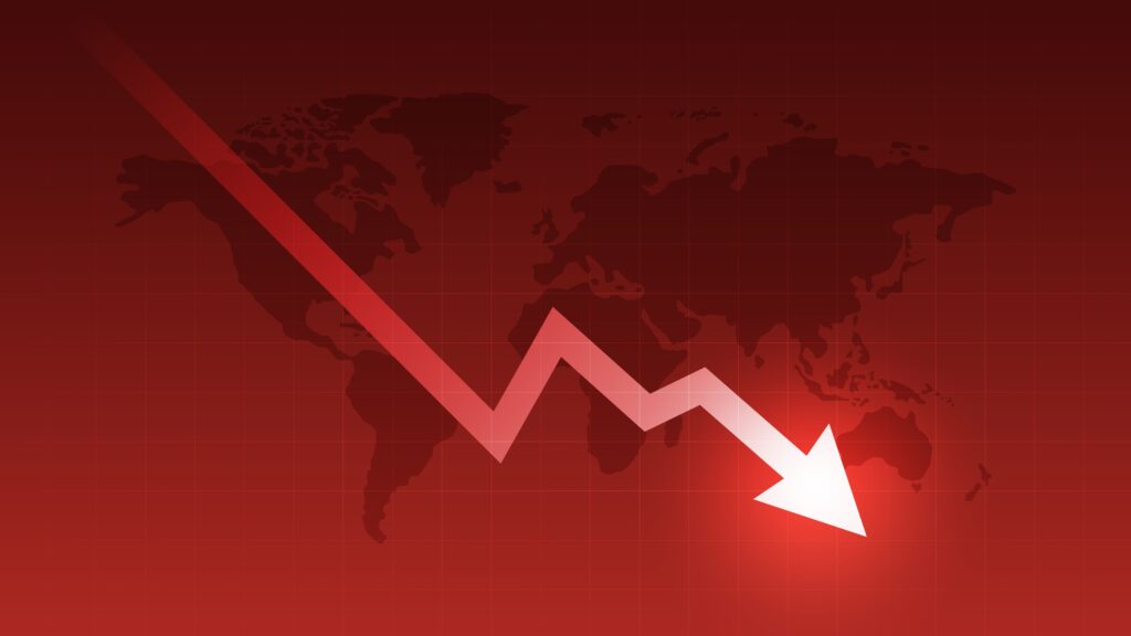 A red descending line arrow over a world map.