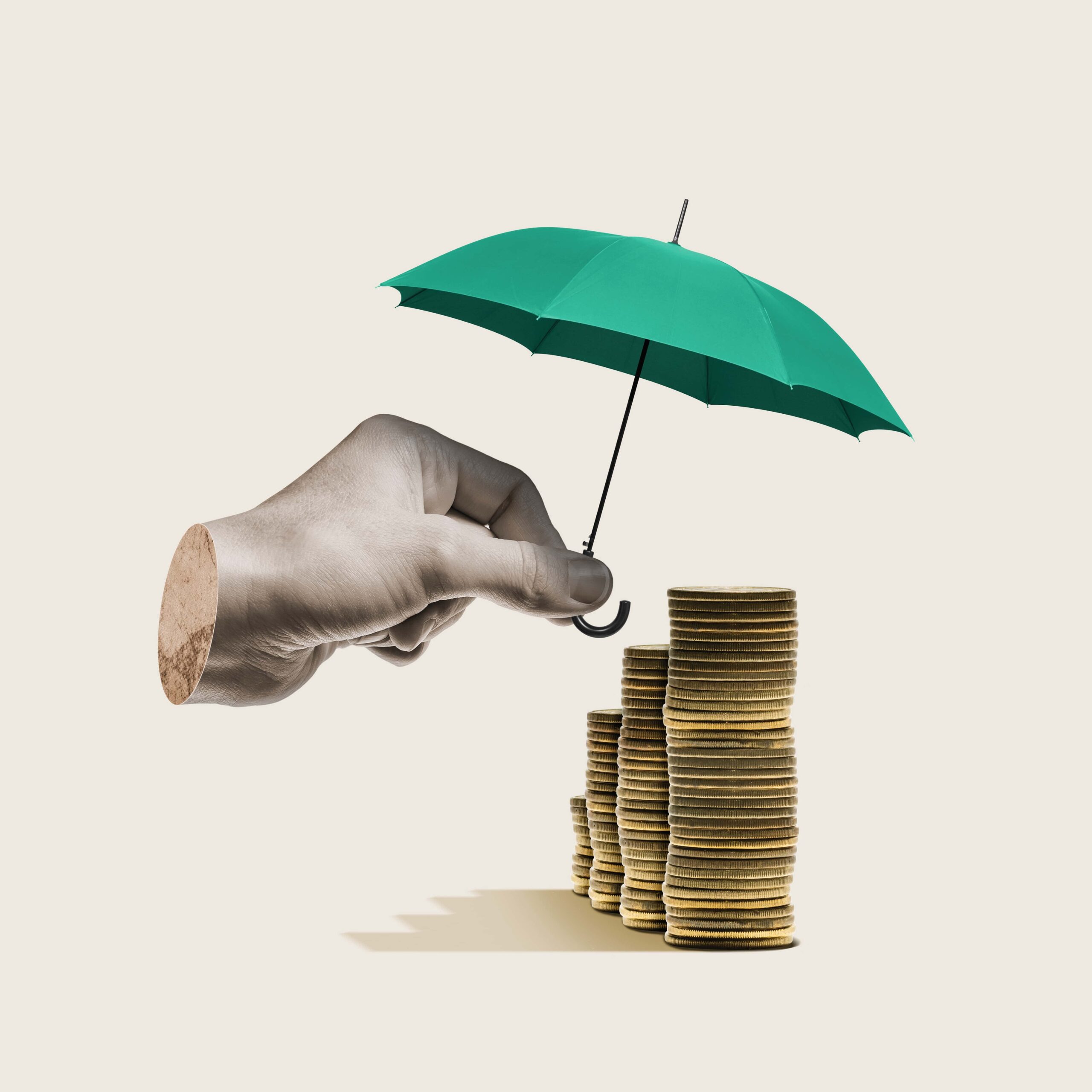 Umbrella covering a stacks of coins