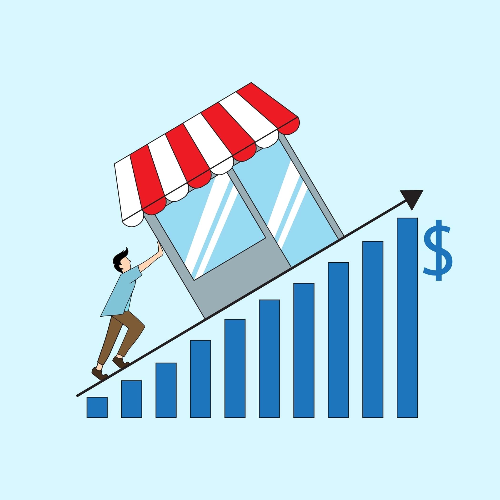 A man pushing a small storefront up an incline made of a growing bar graph.