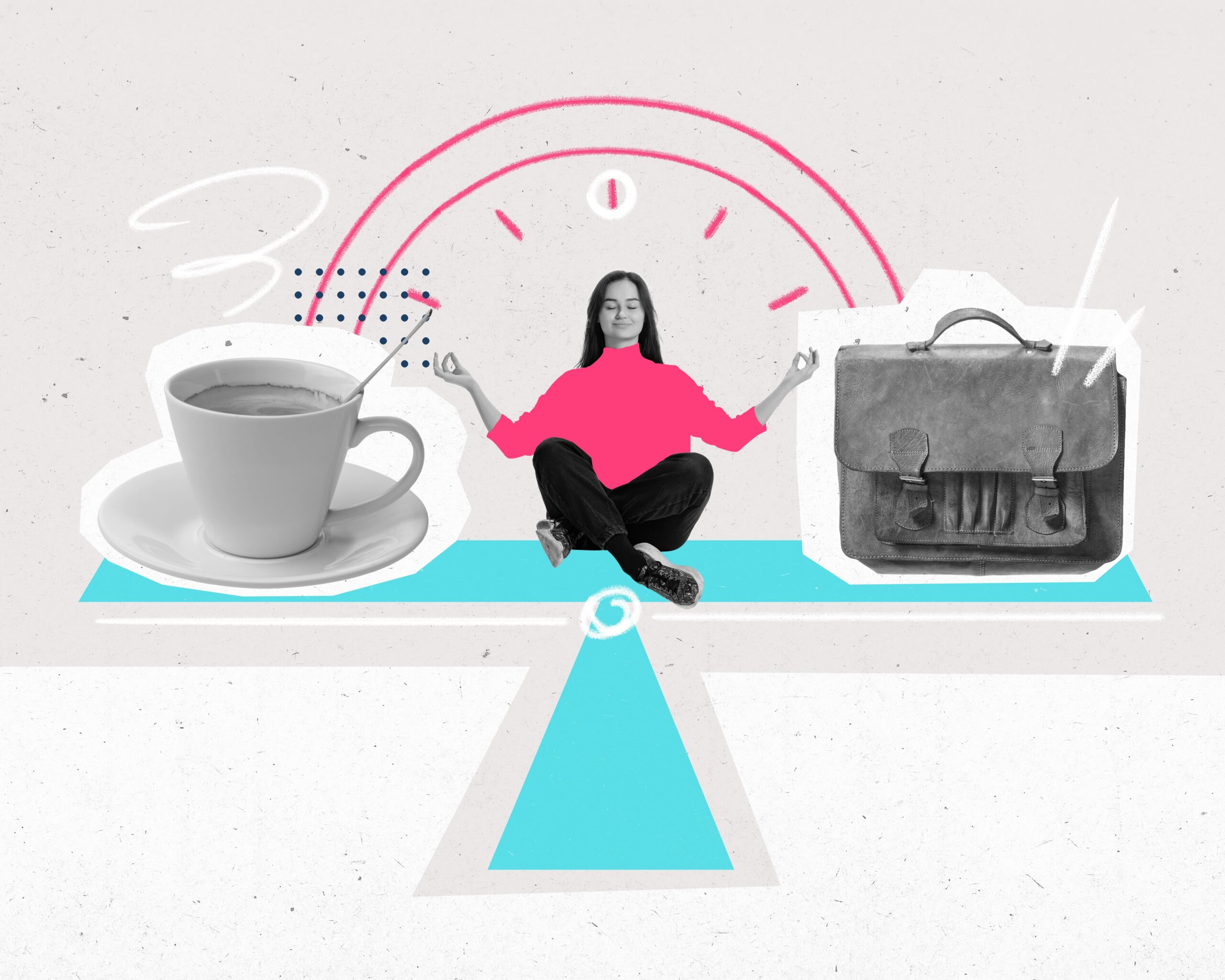 Collage-style illustration of a woman meditating in a seated position on a seesaw balanced between a cup of coffee and a briefcase, symbolizing work-life balance.