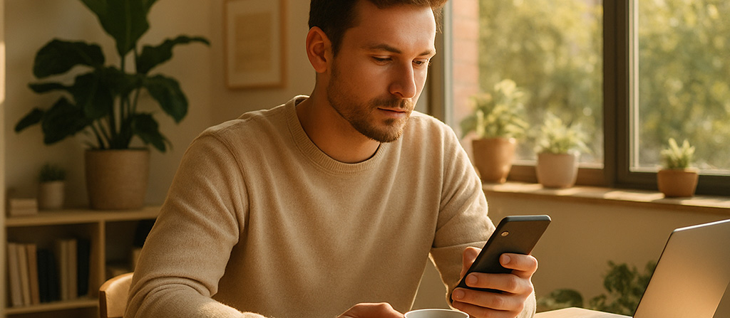 Man in a grey sweater looking attentively at his phone