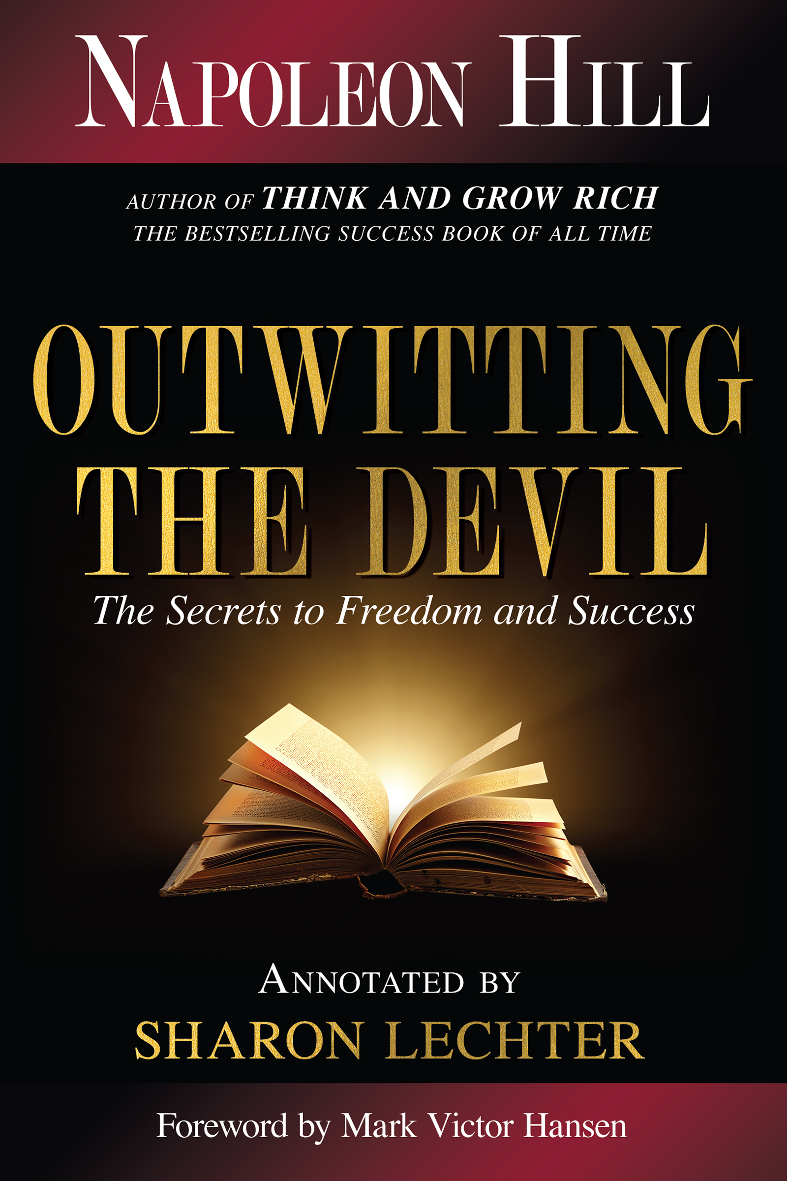 Outwitting the Devil Paperback book cover featuring an open book image on a black background with gold and white text; includes Napoleon Hill as author and Sharon Lechter as annotator.