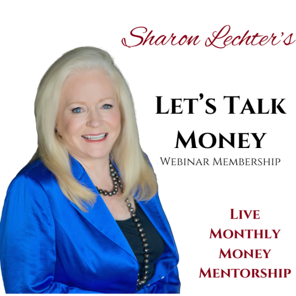 A smiling woman with long blonde hair in a bright blue blazer appears next to the text: Let's Talk Money Monthly Webinar Membership. Live monthly money mentorship.