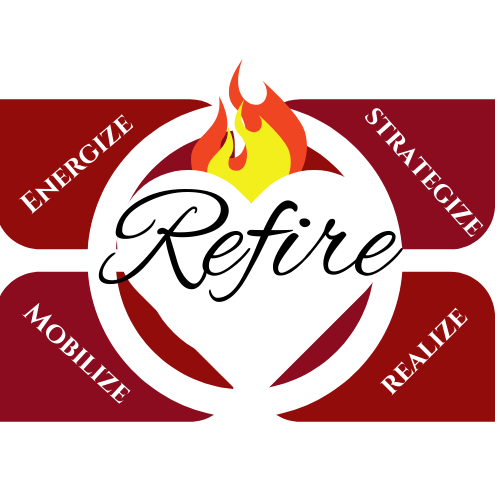 The Refire Online Course features a heart with flames and "Refire" in the center, surrounded by four red sections labeled Energize, Strategize, Realize, and Mobilize.