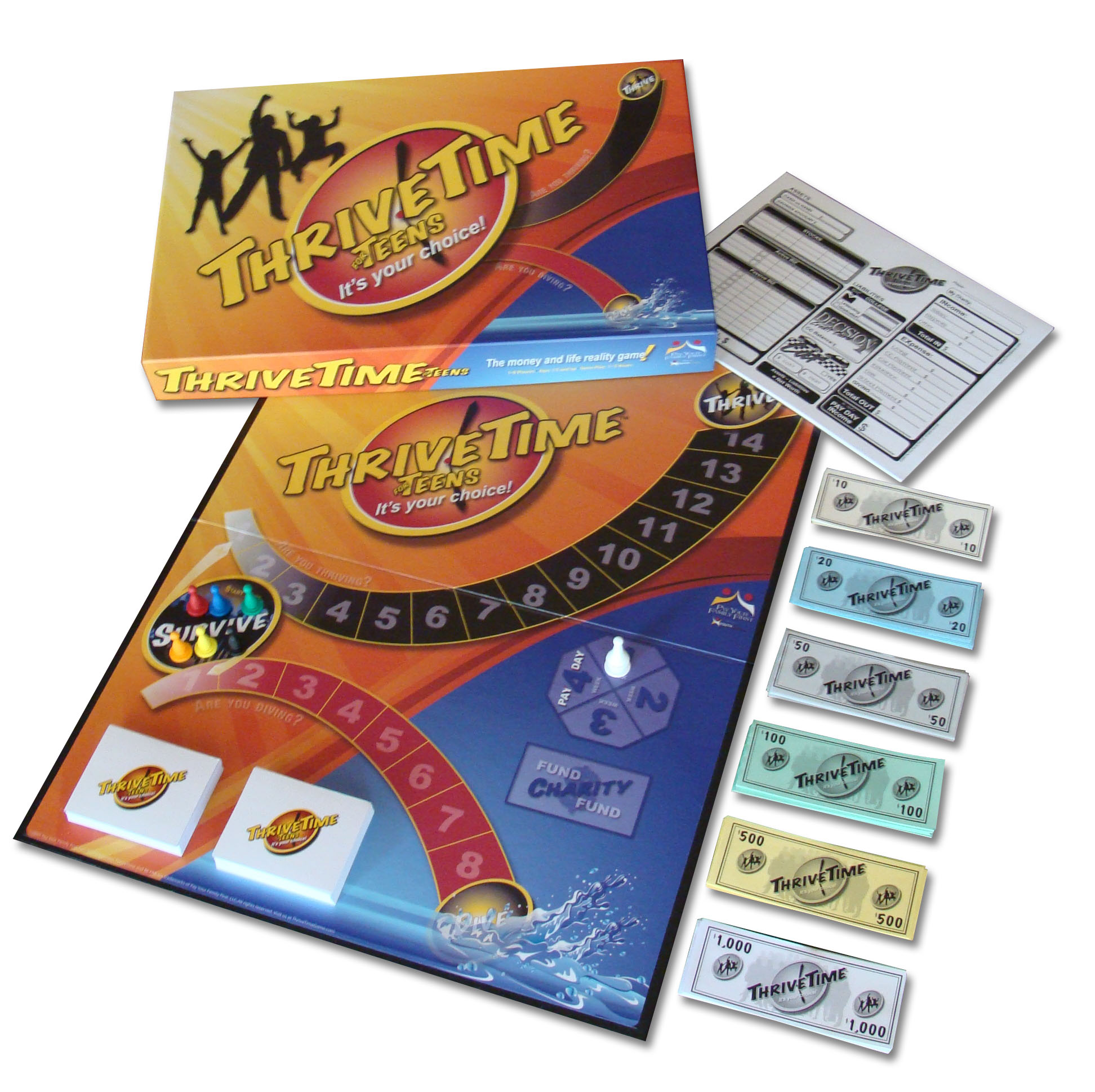 ThriveTime for Teens includes a colorful game board, spinner, box, play money in various denominations, cards, and player sheets—perfectly arranged for display.