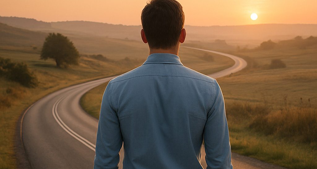 A man in a blue shirt stands on a winding road, facing a scenic landscape and watching the sunset in the distance.
