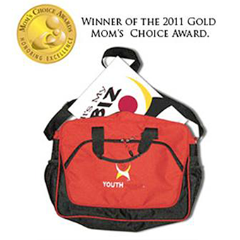 A red and black duffel bag labeled YOUTHpreneur BIZkit with papers inside, next to a gold Moms Choice Award badge and the text “Winner of the 2011 Gold Moms Choice Award.”.