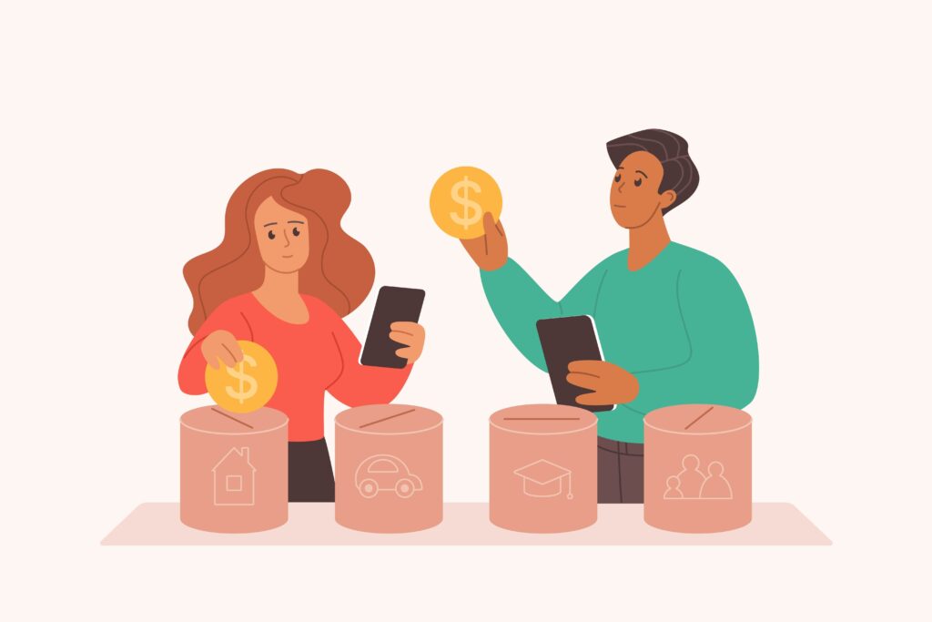 Illustration of a woman and a man holding phones and placing coins with dollar signs into labeled jars for a house, car, education, and family, representing budgeting or saving money for different goals.