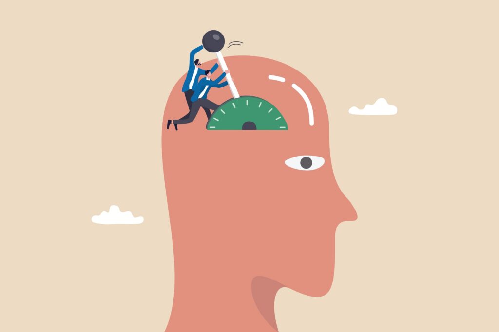 Illustration of a person’s head in profile with a gauge in the brain. Two small figures try to move the gauge’s needle, symbolizing efforts to increase mental or psychological capacity.