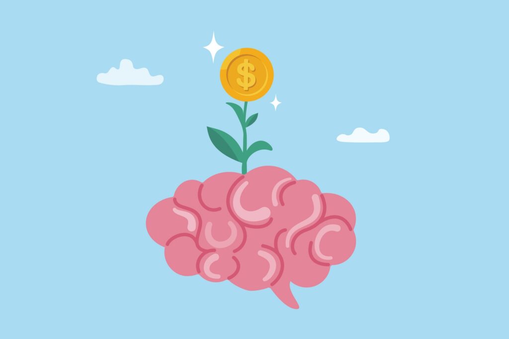 Illustration of a brain with a plant sprouting from it, topped by a gold coin with a dollar sign, against a blue sky with clouds.
