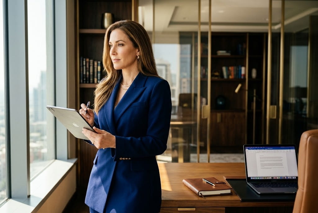 A woman in a blue blazer stands by an office window holding a tablet and a pen, with a laptop and notebook on a wooden desk nearby.